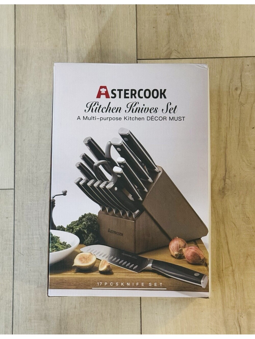 Astercook 17 Pieces Kitchen Knife Set/ Sharpener/ Wood Block/ Stainless Steel
